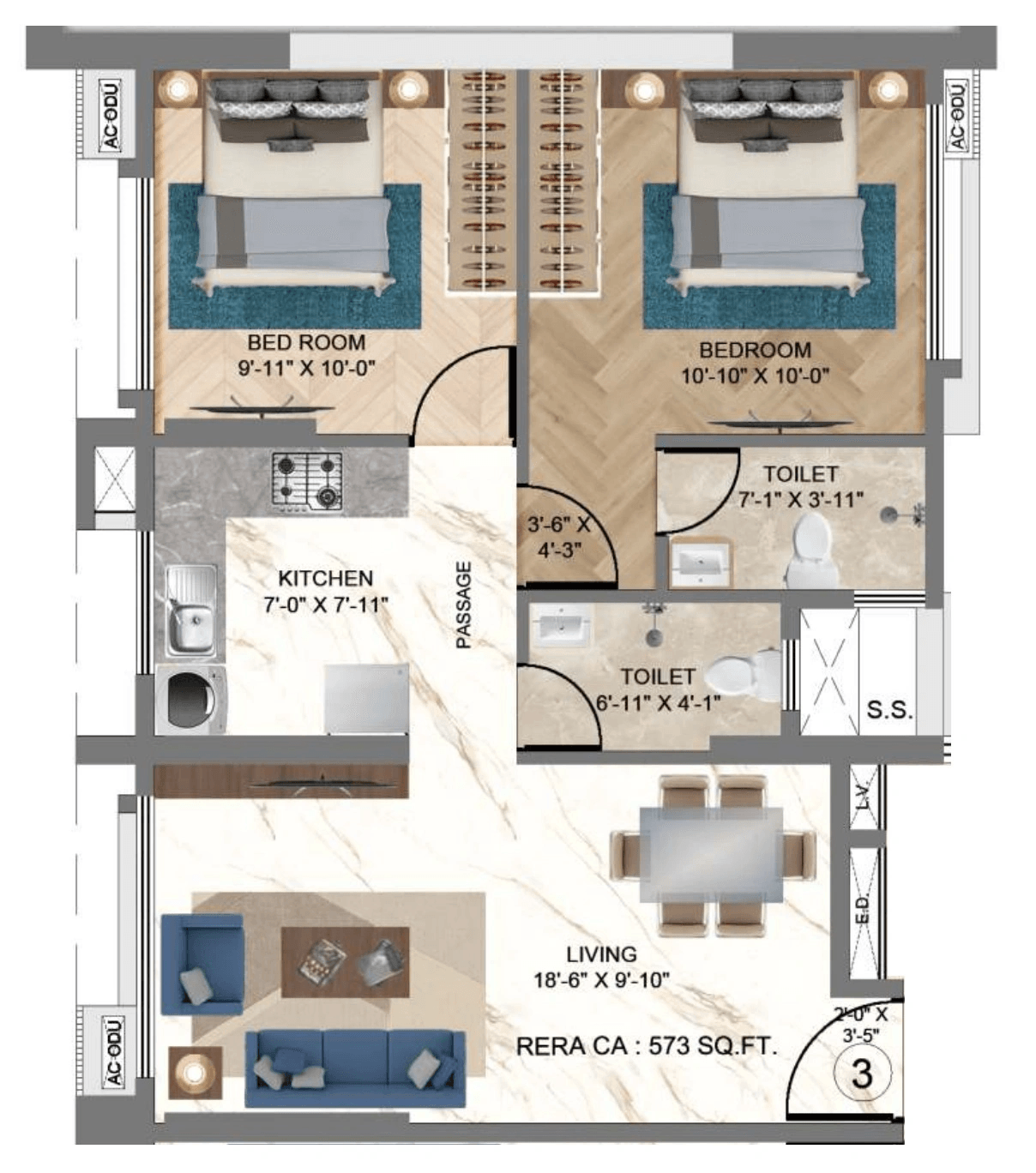 HS Jewel Unit plan - 573 sq.ft.