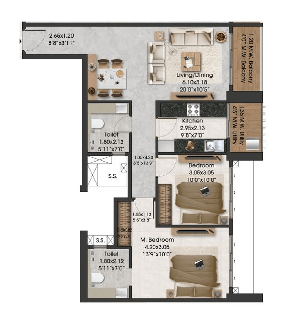 Adani Airica Unit plan - 738 sq.ft.