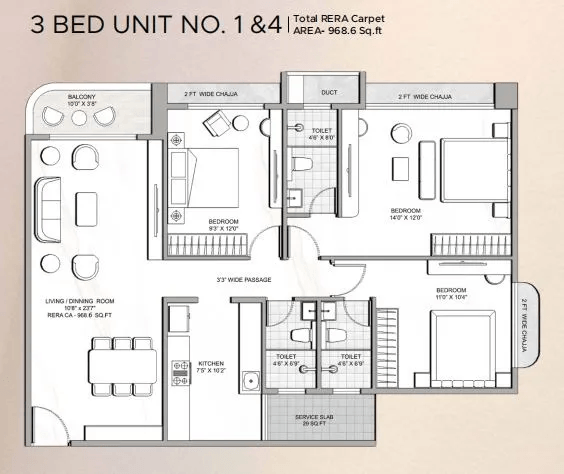 Multistar Autograph Residency Unit plan - 968 sq.ft.