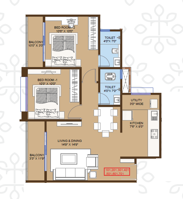 Yashodha Tulsi Vrindavan Unit plan - 696 sq.ft.