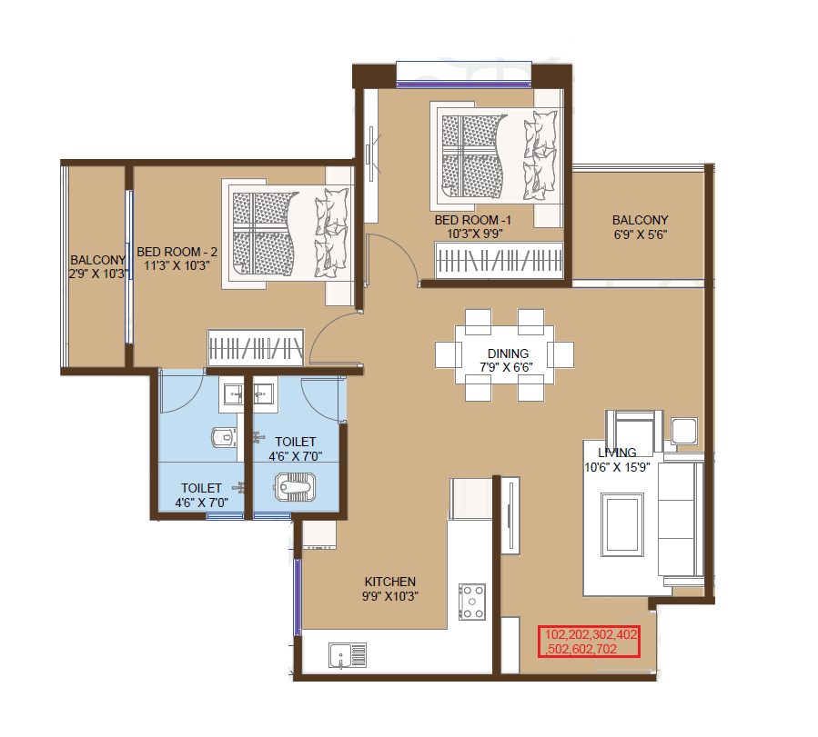 Yashodha Tulsi Vrindavan Unit plan - 735 sq.ft.