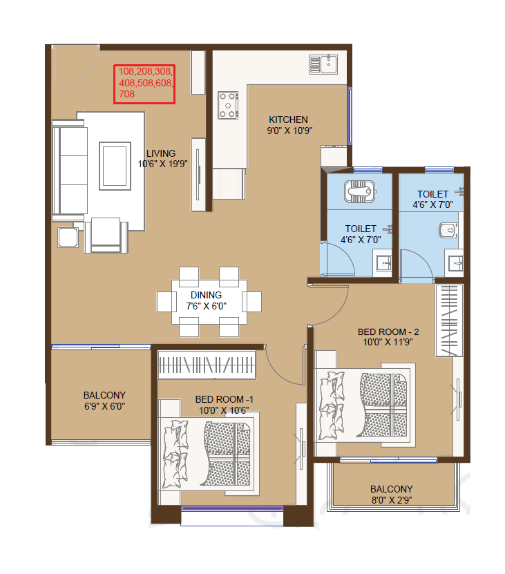 Yashodha Tulsi Vrindavan Unit plan - 741 sq.ft.