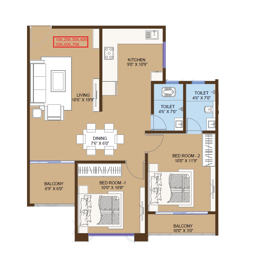 Yashodha Tulsi Vrindavan Unit plan - 747 sq.ft.