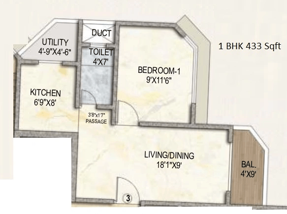 Atmiya Prime Vista Unit plan - 433 sq.ft.