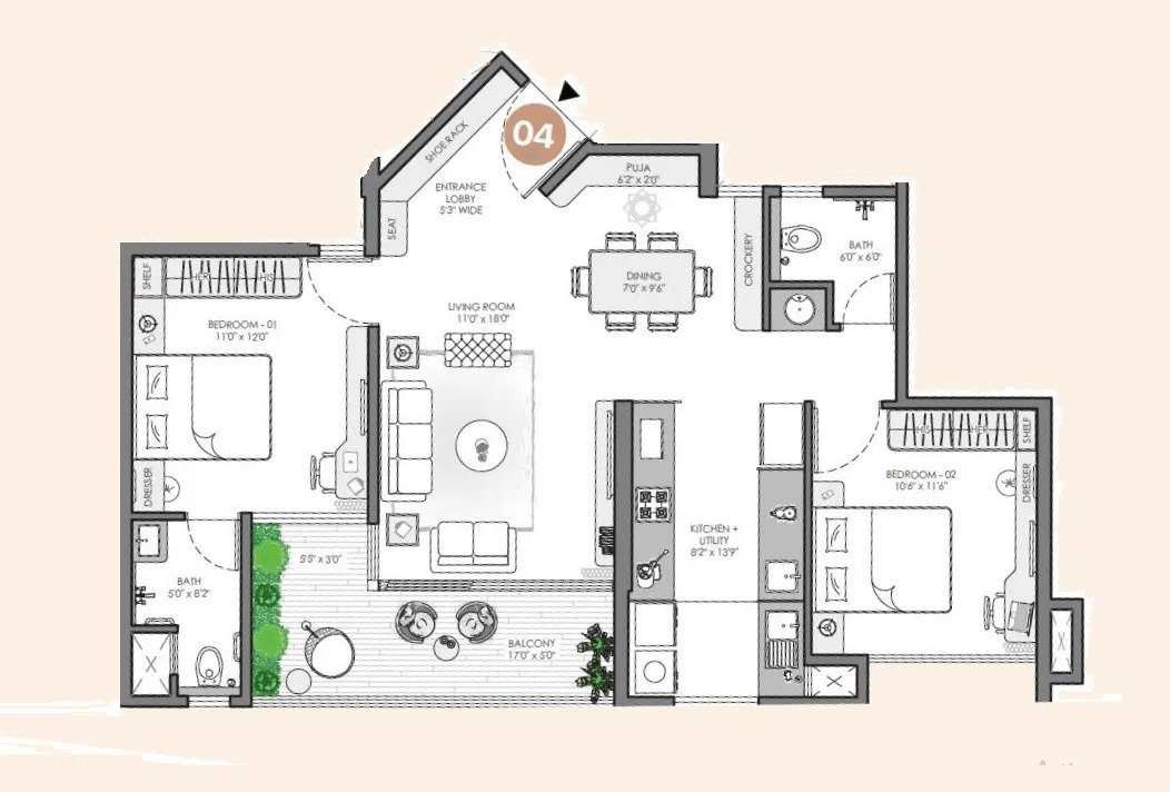 VJ Palladio Central Unit plan - 907 sq.ft.