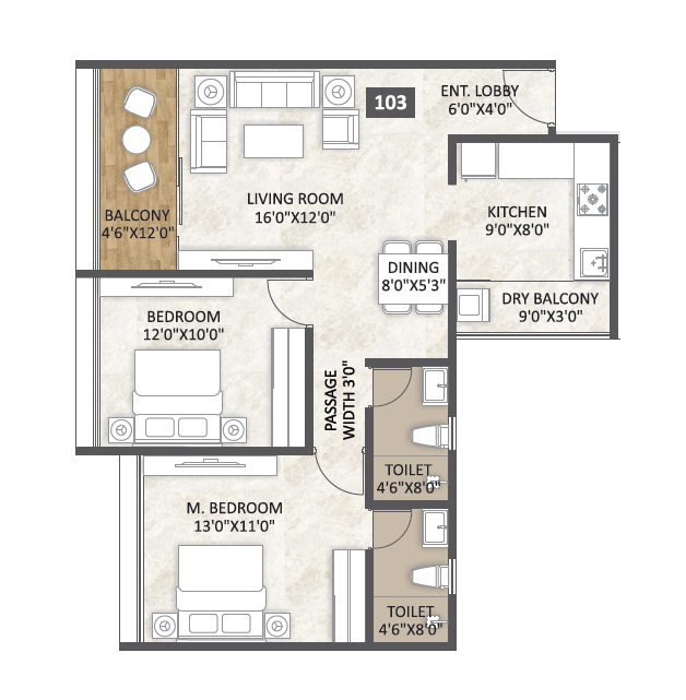Unitary Liora Unit plan - 787 sq.ft.