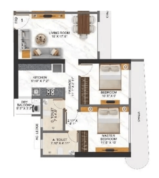 Right Channel Tower 28 Unit plan - 634 sq.ft.