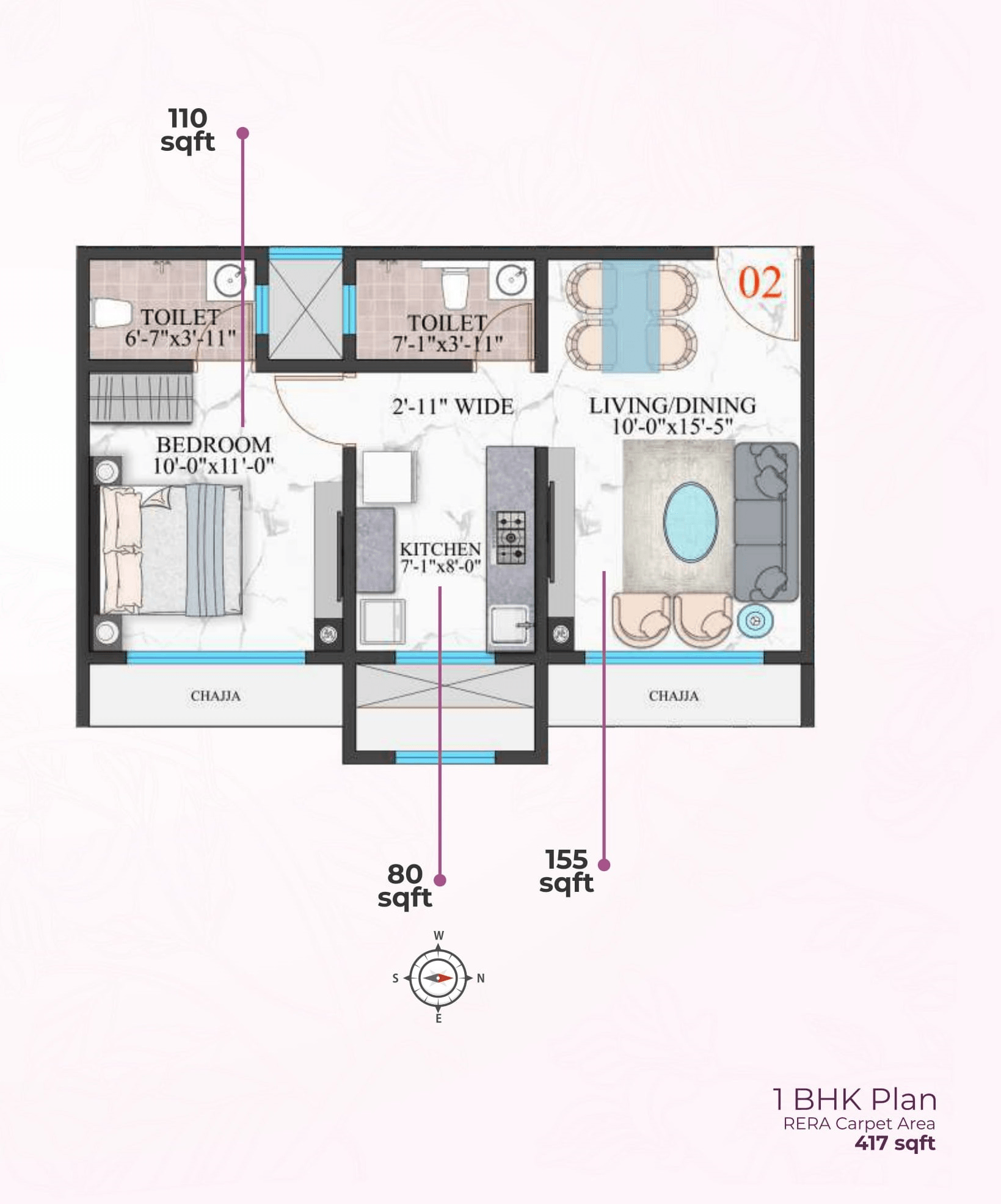 Modirealty Wisteria Unit plan - 417 sq.ft.
