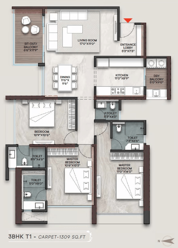 ANP Baner Unit plan - 1309 sq.ft.