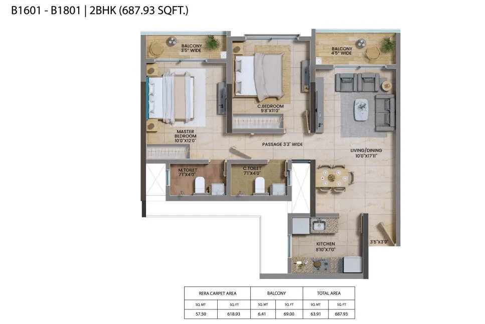 Shapoorji BKC 9 Unit plan - 687 sq.ft.