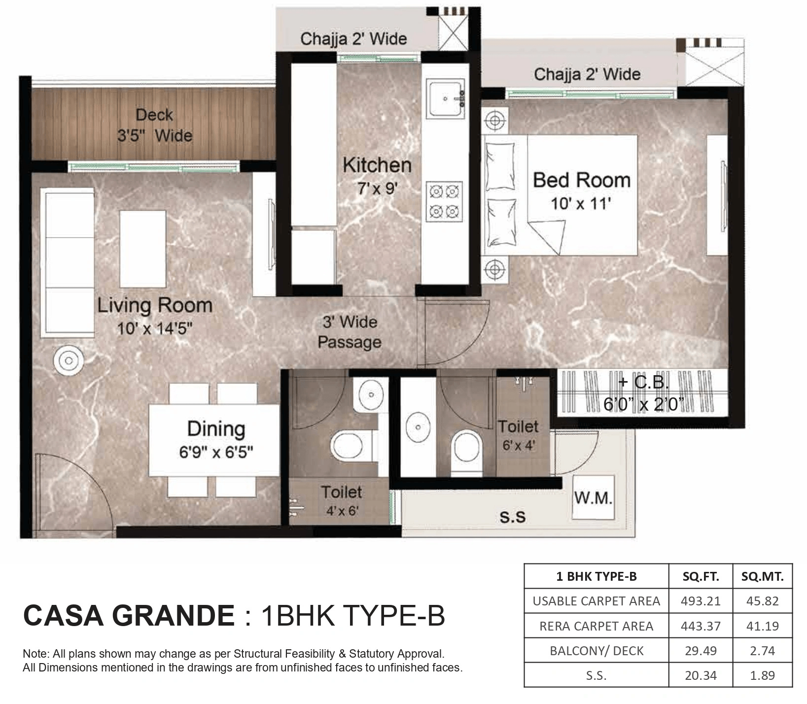 Satyam Queens Necklace Unit plan - 493 sq.ft.