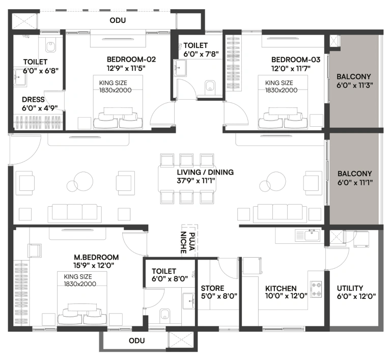 Dev Signature One Unit plan - 1515 sq.ft.