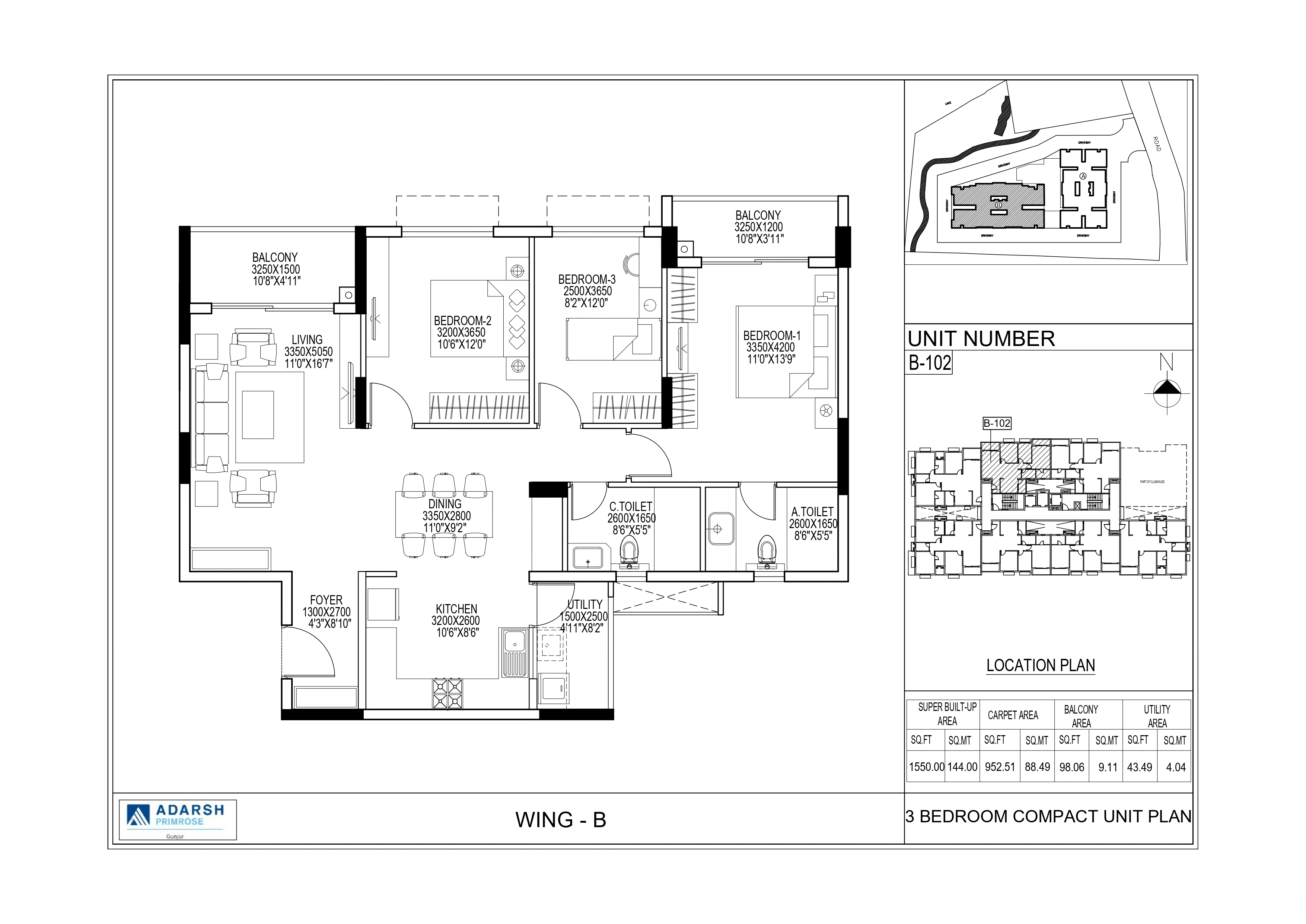Adarsh Primrose Unit plan - 1054 sq.ft.