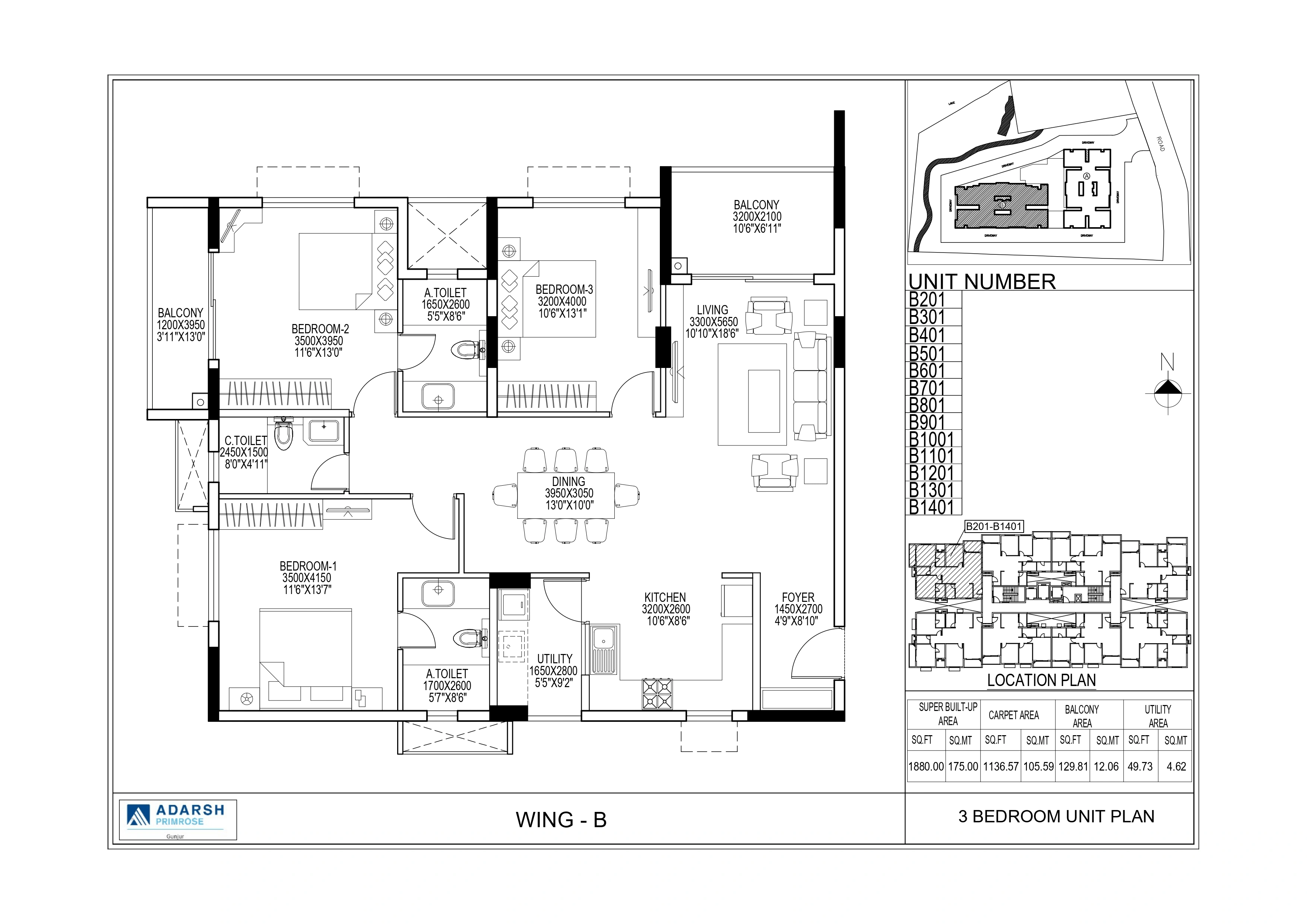 Adarsh Primrose Unit plan - 1278 sq.ft.