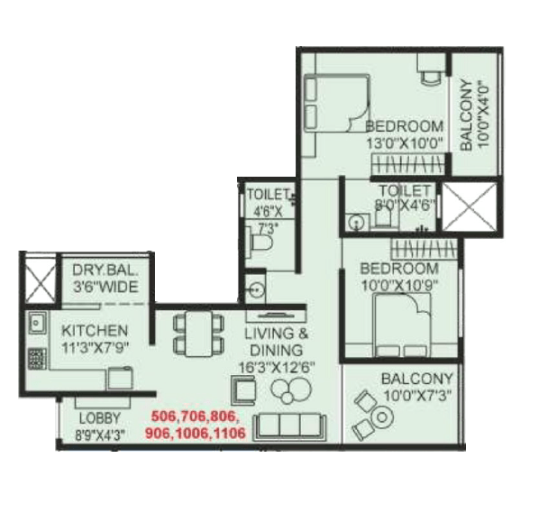 Shree Wakad Central Park Unit plan - 875 sq.ft.