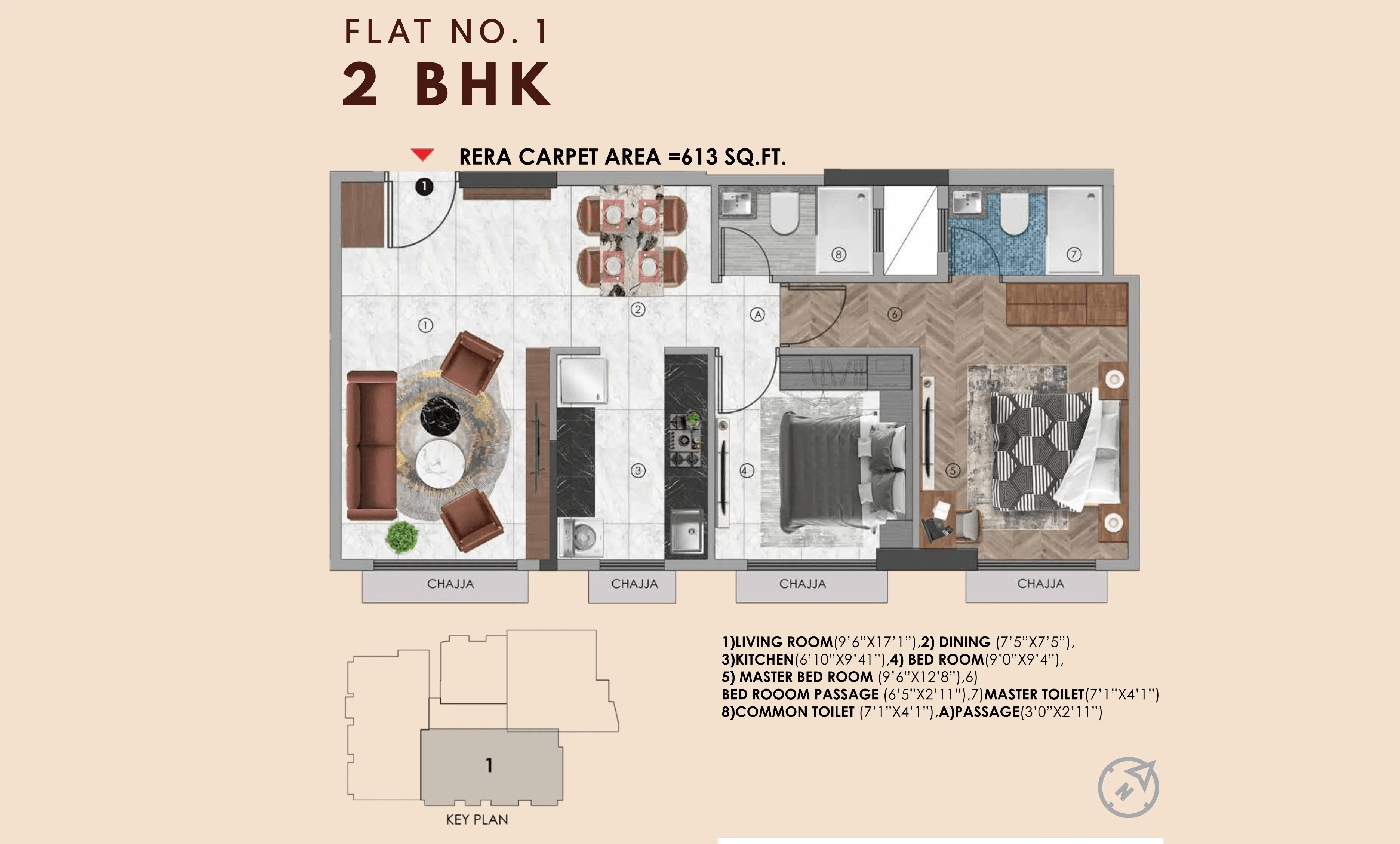 Sanghvi Morya Unit plan - 613 sq.ft.