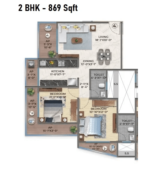 Khatushyam Empire Unit plan - 869 sq.ft.