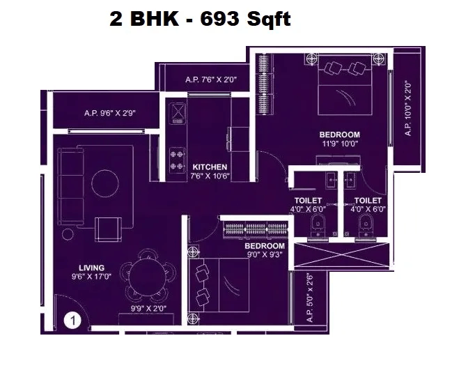 Nakshatra Prithvi Unit plan - 693 sq.ft.