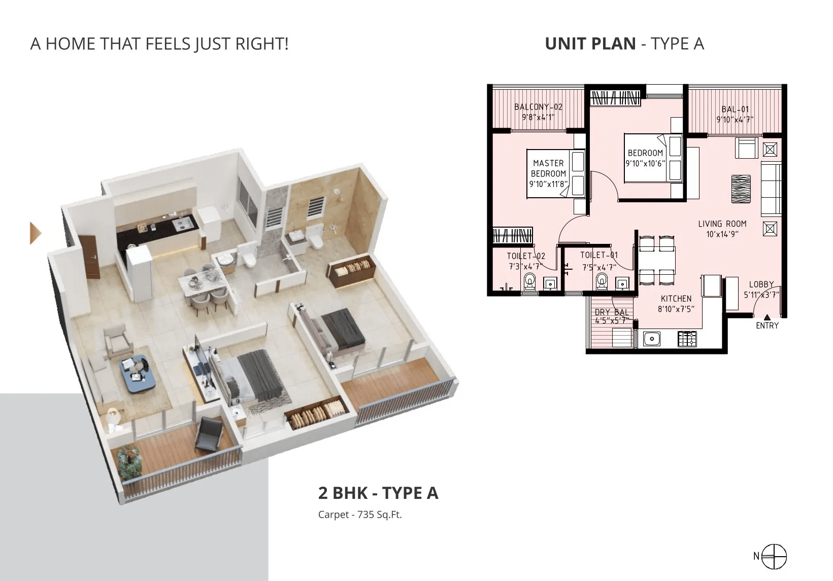 Landmark Bhukum 45 Unit plan - 735 sq.ft.
