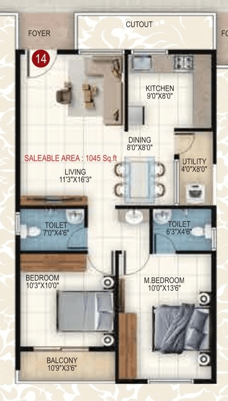 Srinis Pristine Unit plan - 762 sq.ft.