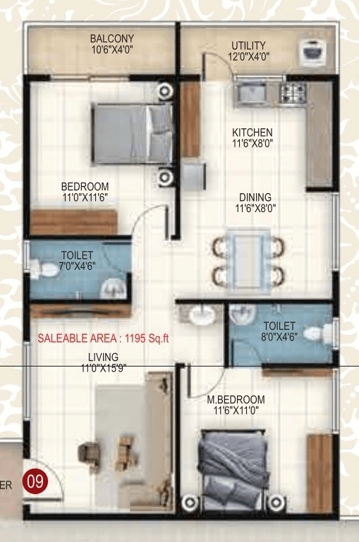 Srinis Pristine Unit plan - 872 sq.ft.