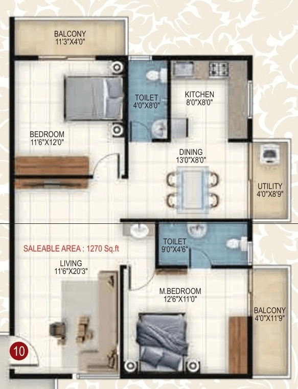 Srinis Pristine Unit plan - 927 sq.ft.