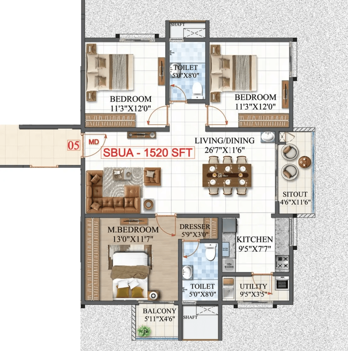 Amrutha Lake Vista Unit plan - 1064 sq.ft.
