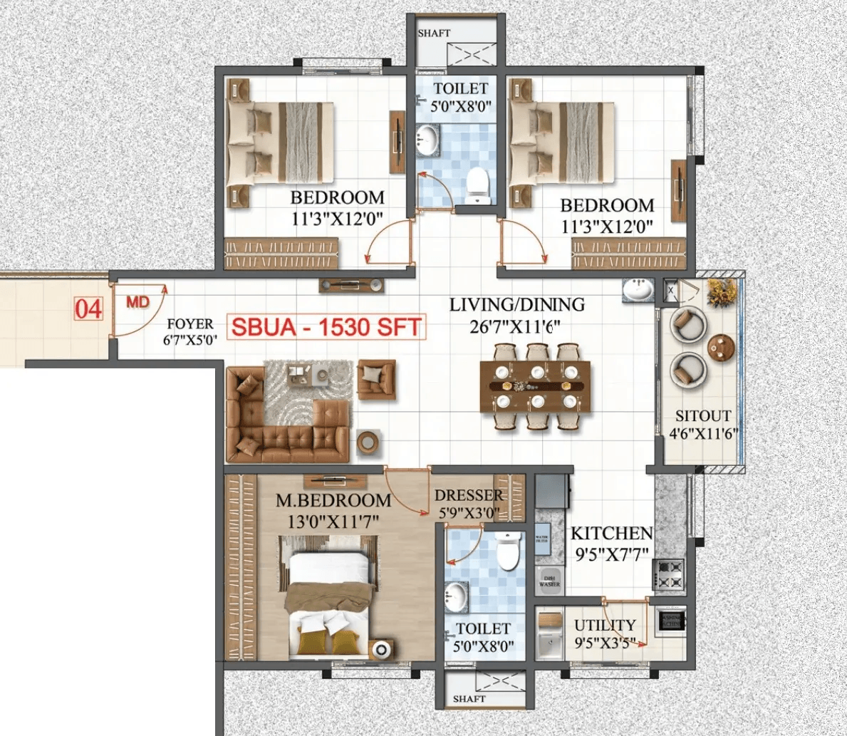 Amrutha Lake Vista Unit plan - 1071 sq.ft.