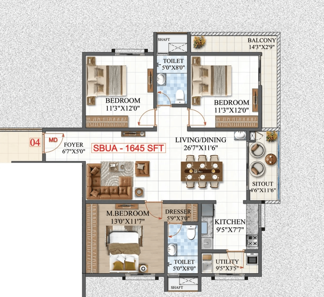 Amrutha Lake Vista Unit plan - 1151 sq.ft.