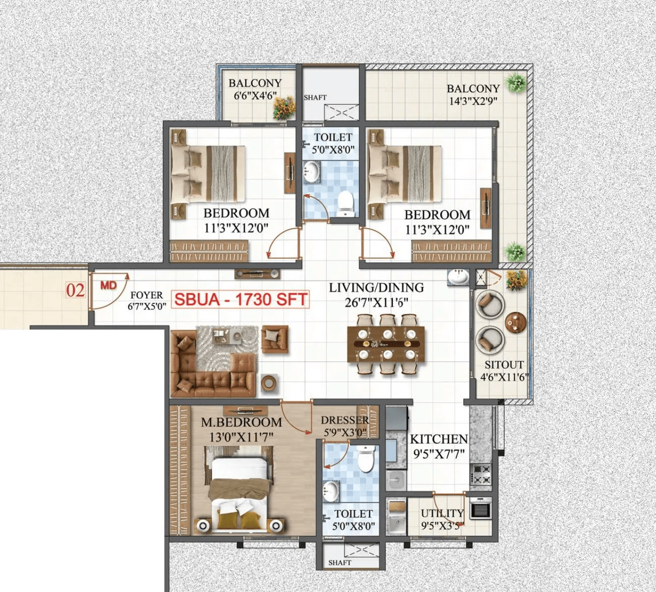 Amrutha Lake Vista Unit plan - 1211 sq.ft.