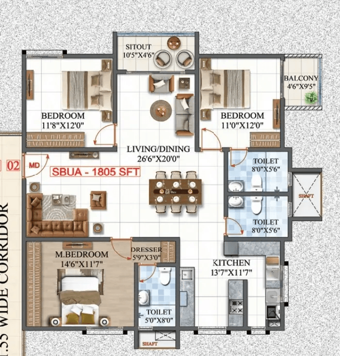 Amrutha Lake Vista Unit plan - 1263 sq.ft.