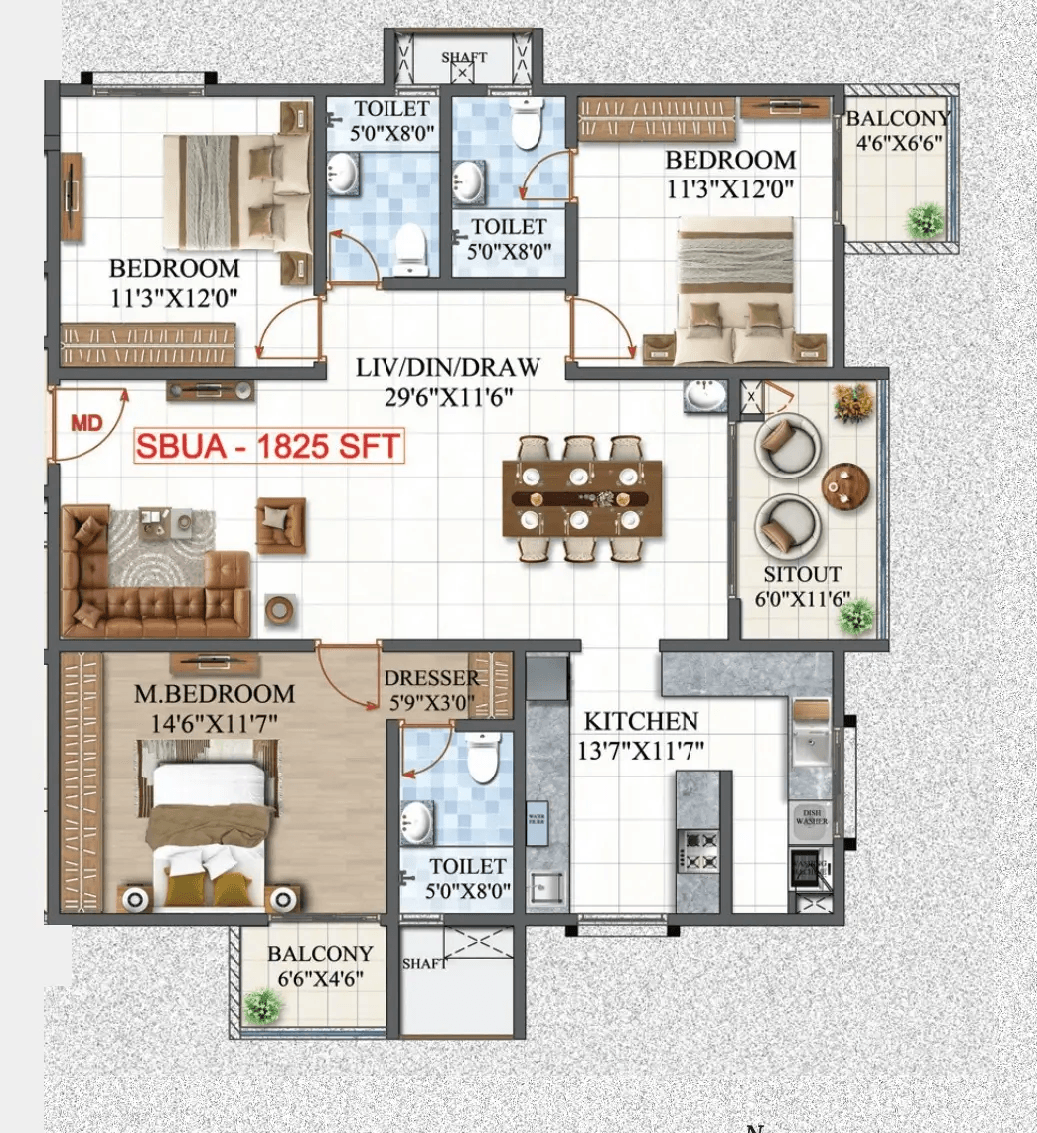 Amrutha Lake Vista Unit plan - 1277 sq.ft.