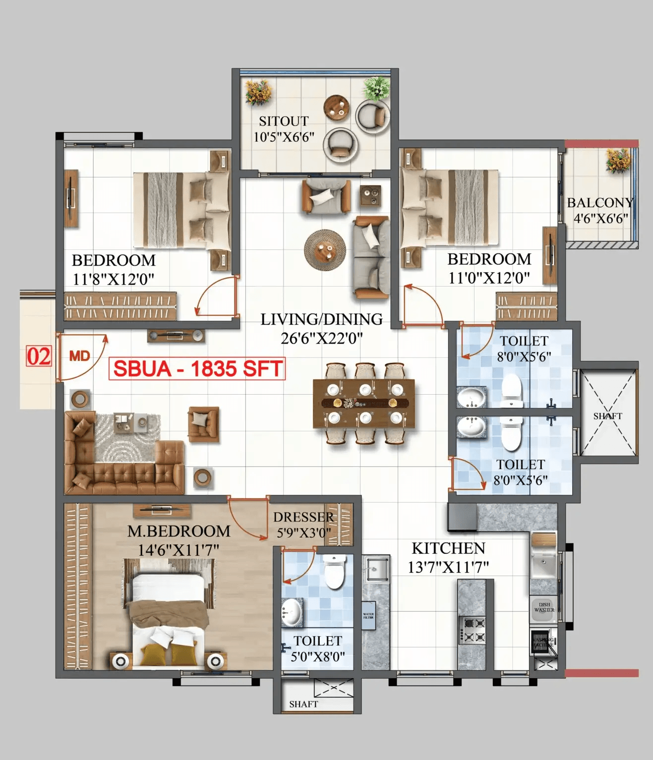 Amrutha Lake Vista Unit plan - 1284 sq.ft.