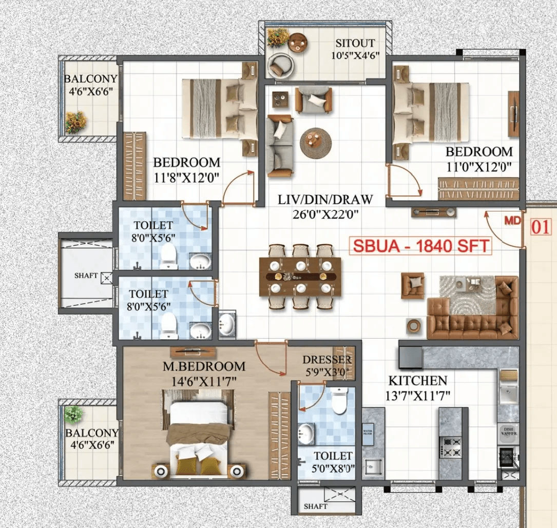 Amrutha Lake Vista Unit plan - 1288 sq.ft.