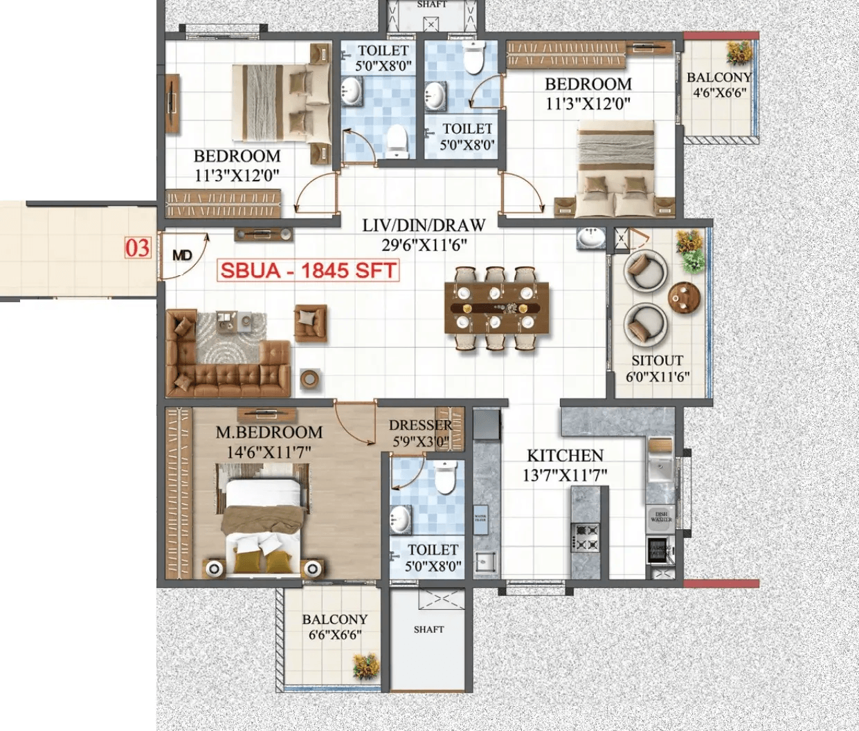 Amrutha Lake Vista Unit plan - 1291 sq.ft.
