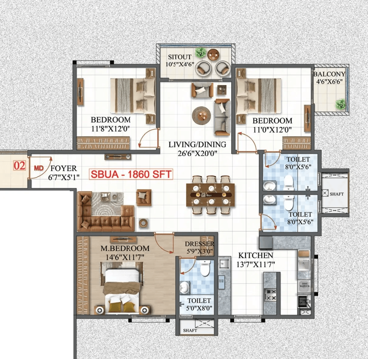 Amrutha Lake Vista Unit plan - 1302 sq.ft.
