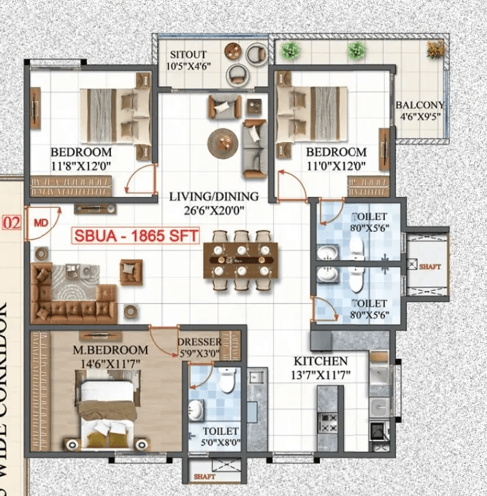 Amrutha Lake Vista Unit plan - 1305 sq.ft.