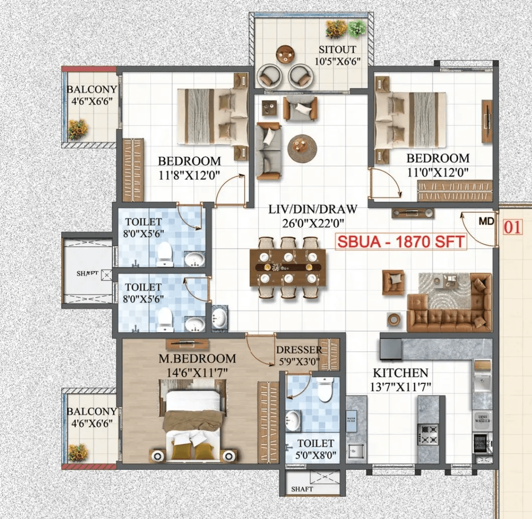 Amrutha Lake Vista Unit plan - 1309 sq.ft.