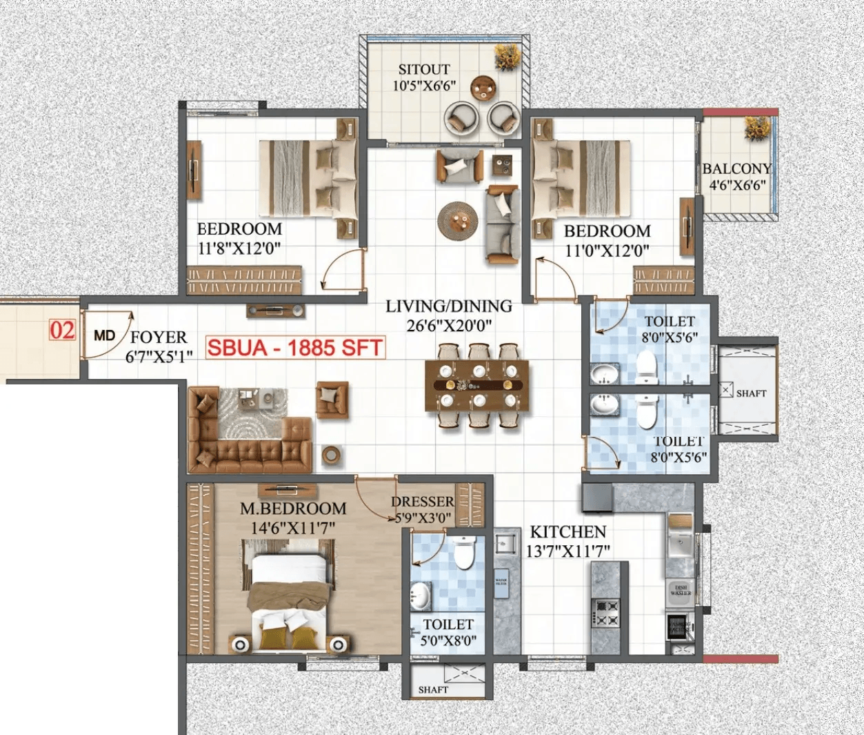 Amrutha Lake Vista Unit plan - 1319 sq.ft.