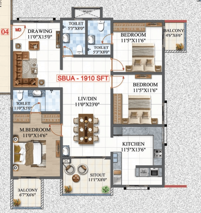 Amrutha Lake Vista Unit plan - 1337 sq.ft.