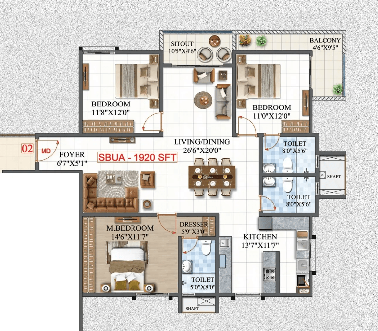 Amrutha Lake Vista Unit plan - 1344 sq.ft.
