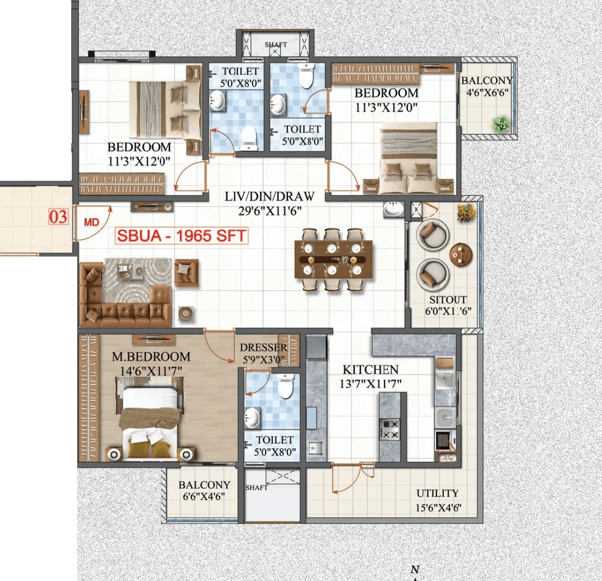 Amrutha Lake Vista Unit plan - 1375 sq.ft.