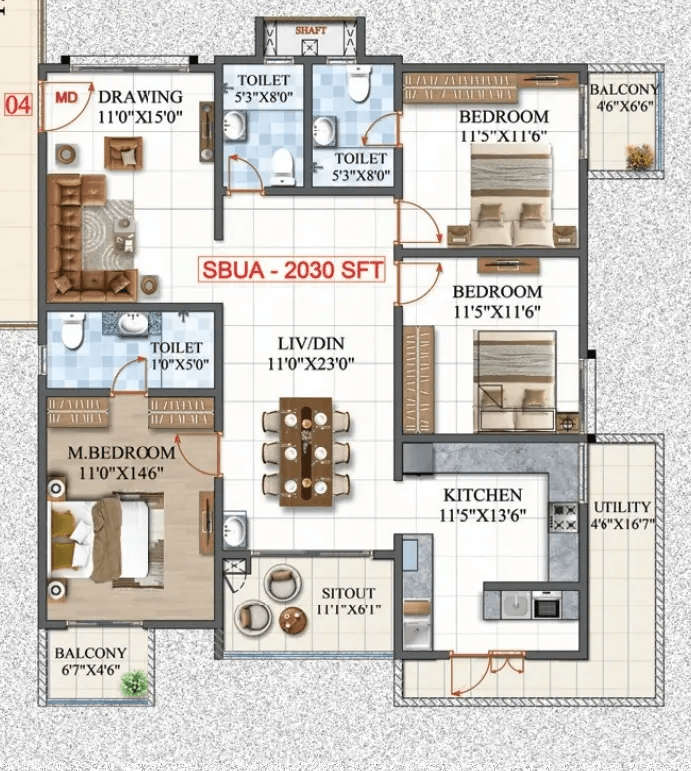 Amrutha Lake Vista Unit plan - 1421 sq.ft.