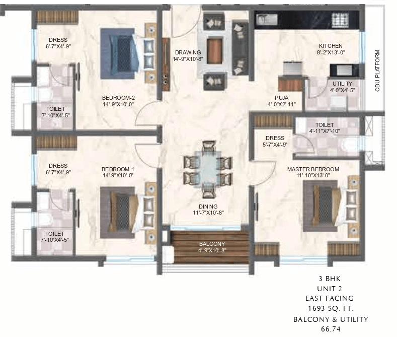 Zuari Gangothri Tribhuja Unit plan - 1185 sq.ft.