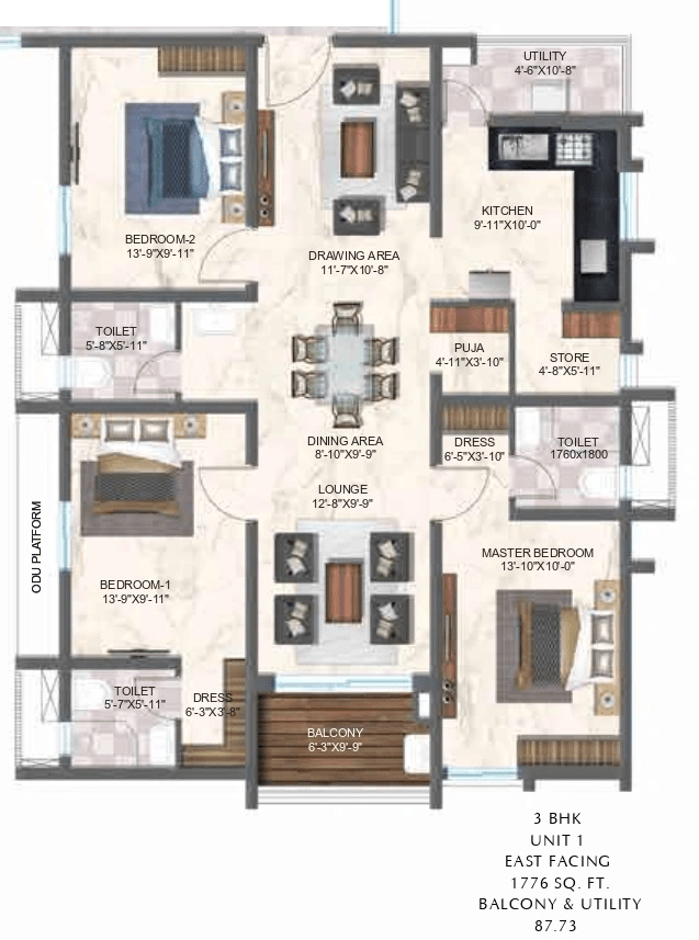 Zuari Gangothri Tribhuja Unit plan - 1243 sq.ft.