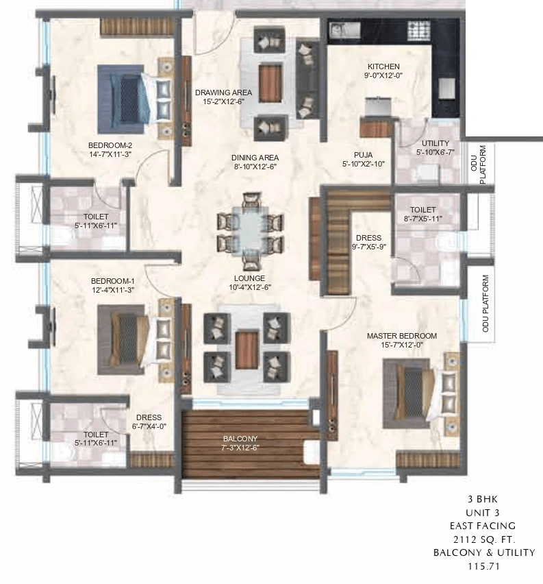 Zuari Gangothri Tribhuja Unit plan - 1478 sq.ft.