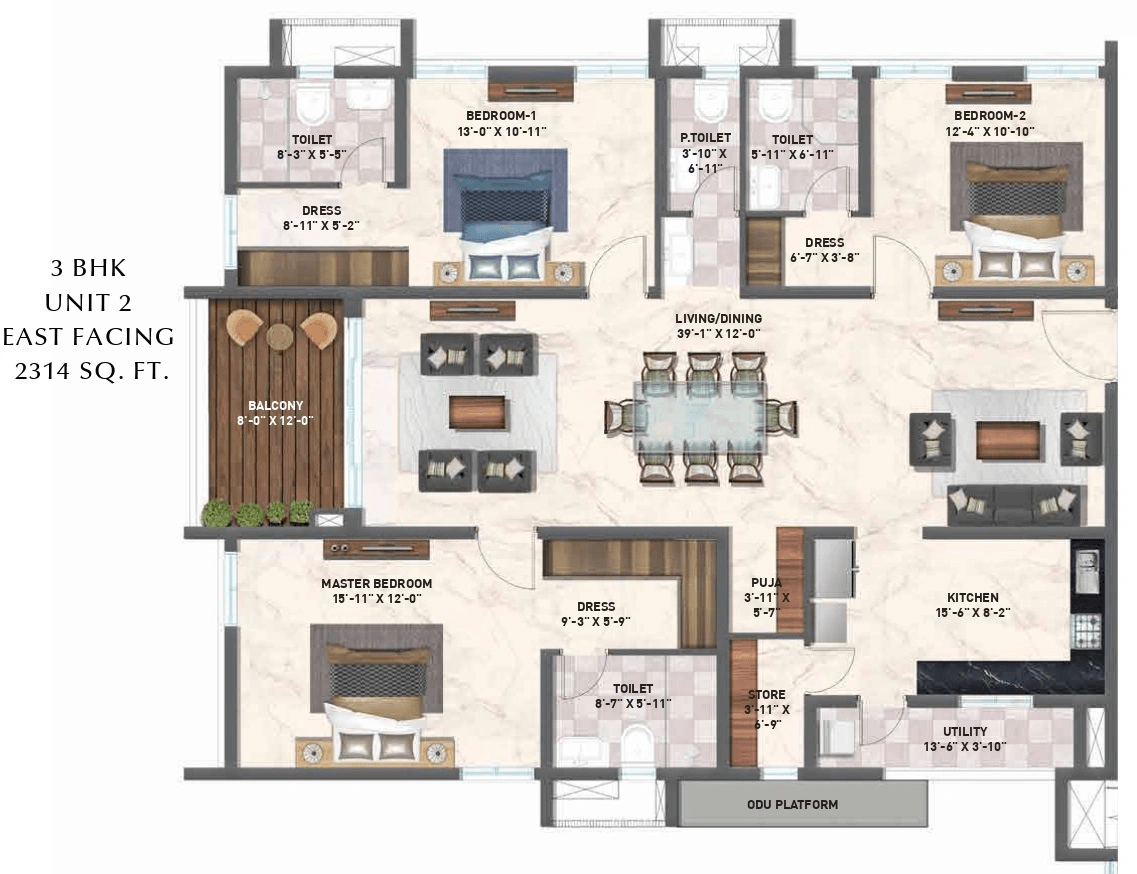 Zuari Gangothri Tribhuja Unit plan - 1619 sq.ft.