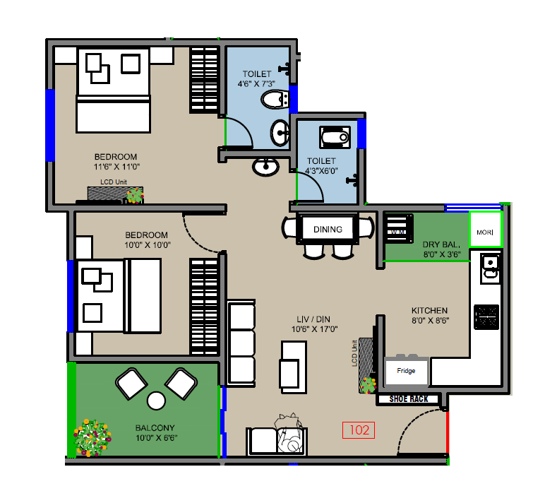 Vision Vishweshwar Nagar Unit plan - 737 sq.ft.