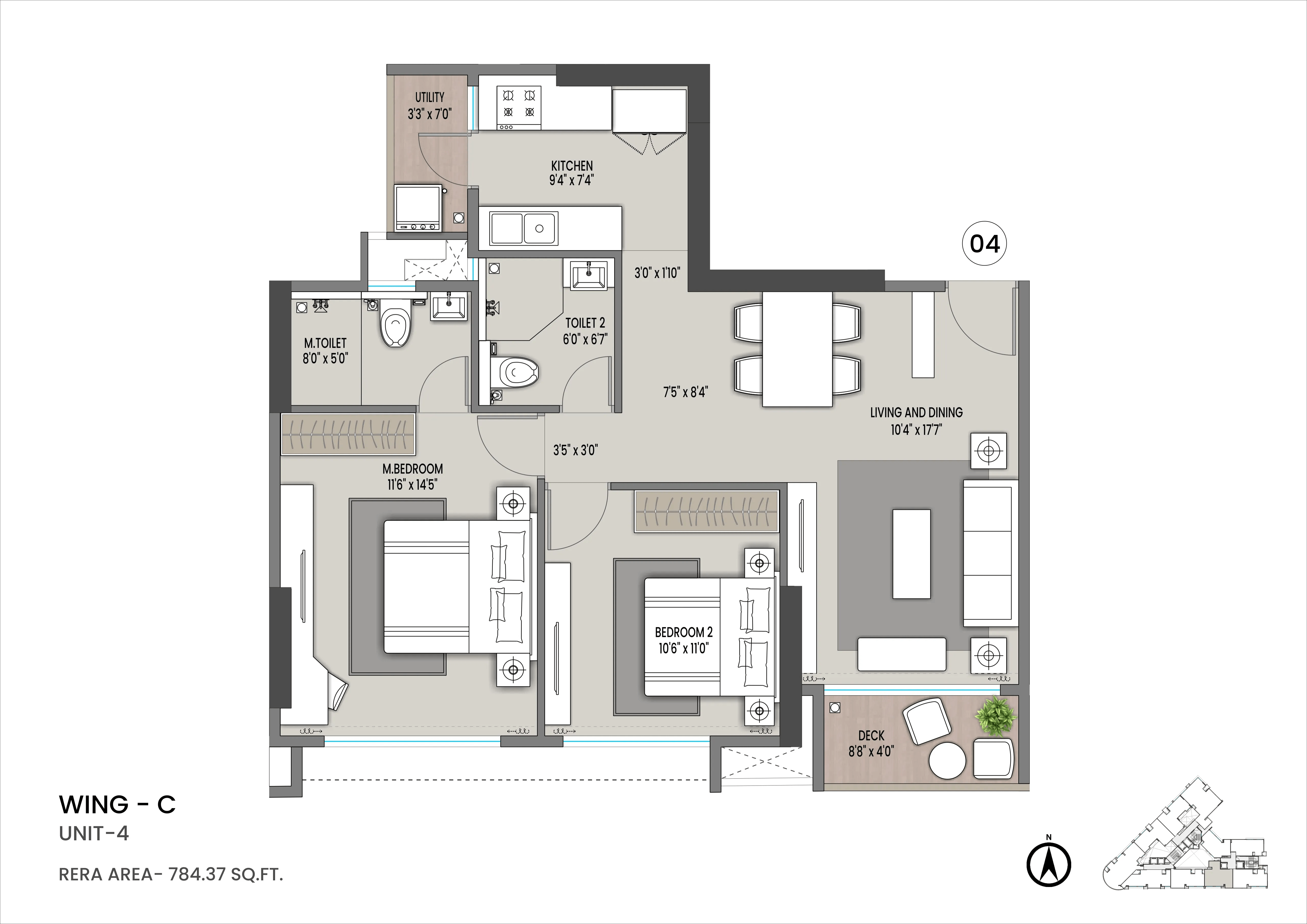 Shapoorji Pallonji Nine Arcs Unit plan - 784 sq.ft.
