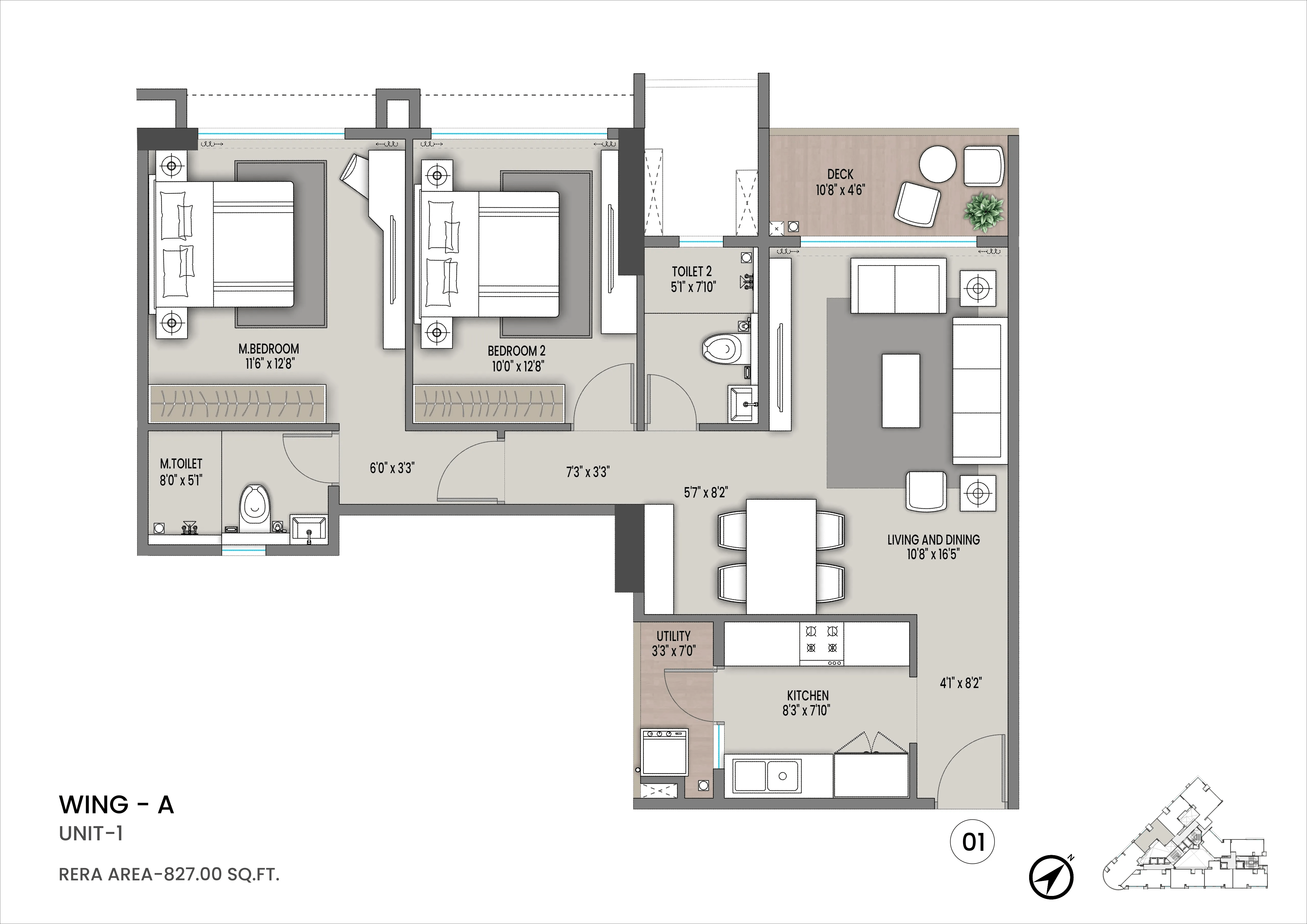 Shapoorji Pallonji Nine Arcs Unit plan - 827 sq.ft.